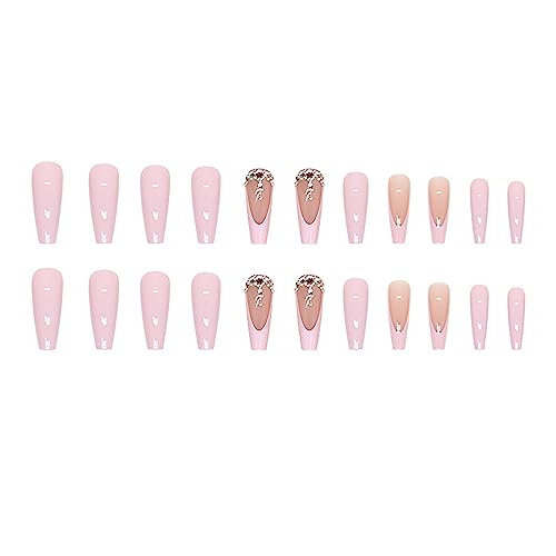 Press on Nails Long Coffin Summer French Tip Fake Nails Pink Full Cover False Nails with Pink Rhinestones Designs Glossy Stick on Nails Artificial Nails for Women Girls 24 Pcs - Image 2