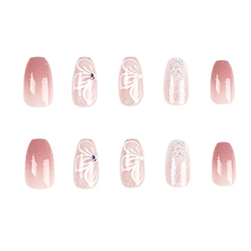 Pink Gradient Press on Nails Short, White Flowers Fake Nails Coffin, Petal Butterfly Acrylic False Nail Kits with Rhinestone Stick Glue on Nails Sets for Women Reusable Full Cover Gel Nails 24Pcs - Image 3