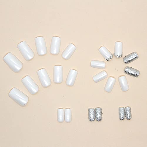 YOSOMK Luxury White Press on Nails Short Fake Nails with Silver Glitter Designs Glossy Acrylic Stick on Nails for Women and Girls - Image 4