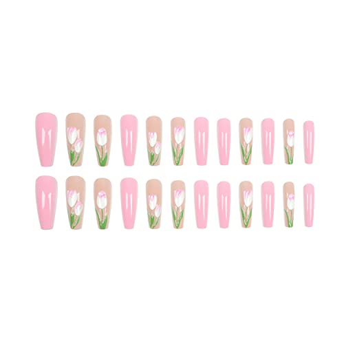 24 Piece Glossy Pink Long Coffin Acrylic Press On Nails with 3D Flowers - Image 2