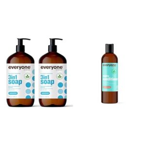 Everyone 3-in-1 Soap, Body Wash, Bubble Bath, Shampoo, 32 Ounce (Pack of 2), Unscented & Mighty Conditioner, 12 OZ