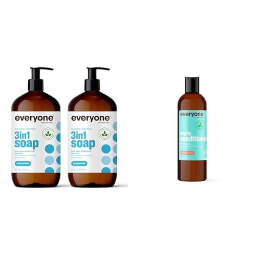 Everyone 3-in-1 Soap, Body Wash, Bubble Bath, Shampoo, 32 Ounce (Pack of 2), Unscented & Mighty Conditioner, 12 OZ