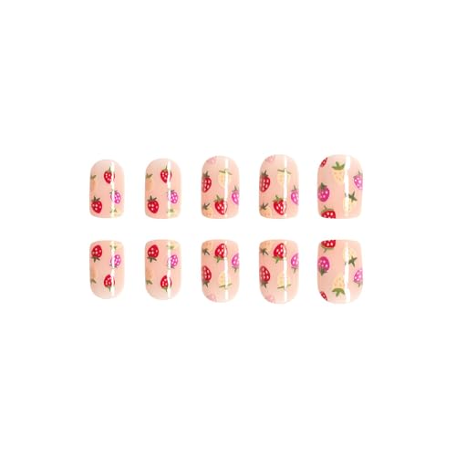 Cute Pink Strawberry Glossy Short Square Acrylic Press-On Nails 24 Piece Set - Image 4