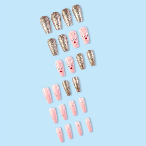 Cute Long Coffin Press on Nails with Gold Glitter Snowflake Design for Winter Parties - Image 3