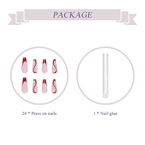BABALAL Coffin Press on Nails Swirl Design Nails Long False Nails Glossy Fake Nails Red Acrylic Nails for Women and Girls - Image 4
