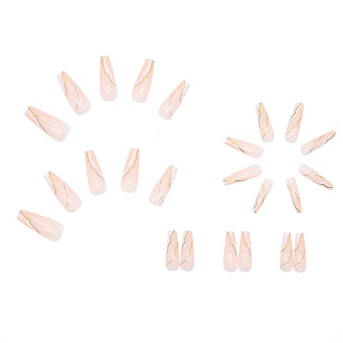 Line Press on Nails Long luxurious Fake Nails Acrylic French Ballet Gold Line Nude Marble Exquisite Design Fashion Nail Decoration for Nails for Women and Girls 24Pcs - Image 4
