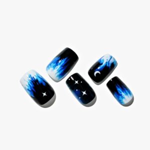 Short GLAMERMAID Press on Nails, Ombre Blue Rhinestones Medium Square Glue on Nails, Fake Nails Acrylic False Nails Stick on Nails Sets Kits for Women Girls Gift Secret Area