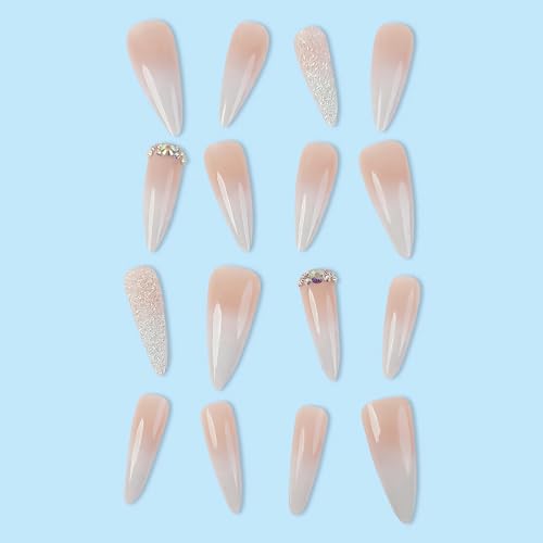 MISUD Press on Nails Long Stiletto Fake Nails Glossy Glue on Nails Sharp Almond Acrylic Nails Natural Ombre Artificial Nails Bling Glitter Stick on False Nails with Rhinestone Design 24 pcs - Image 3