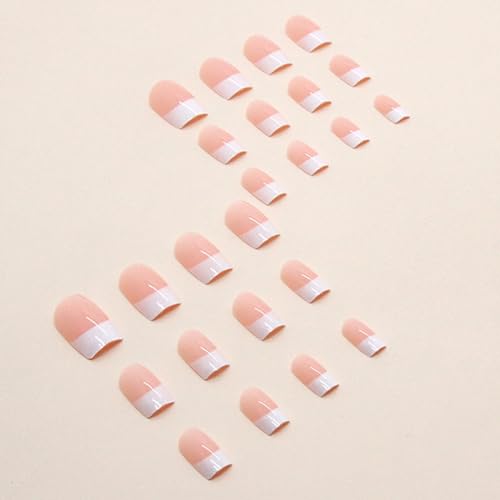 White French Tip Press on Nails Medium Square Fake Nails, Nails Press ons Nude False Nails with Designs Glossy Acrylic Artificial Nails Stick on Nails for Women 24Pcs - Image 3