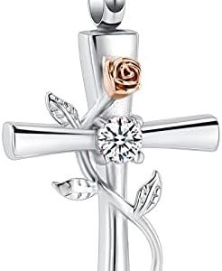 Cross Urn Necklace for Ashes Rose Flower Cremation Jewelry for Ashes for Women Keepsake Memorial Human Pet Ashes Pendant
