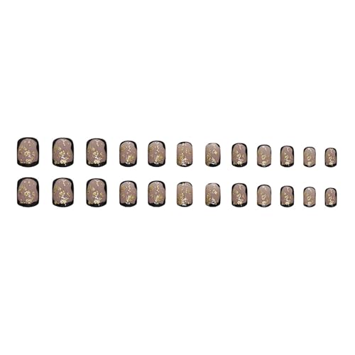 Press on Nails,Extra Short False Nails Square Fake Nails French Acrylic Nails Vintage Stick on Nails Gold Leaf Black Artificial Nails Nude Acrylic Press on Nails 24Pcs-12Sizes - Image 5
