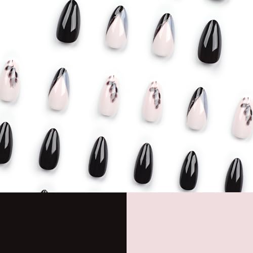 Fall Press on Nails Medium Fake Nails, LPOODDNU Fall Leaf Press on Nails Almond Shape False Nail Tips Black Glue on Nails Cute Stick on Nails Finger Manicure Decorations for Women, 24Pcs - Image 5