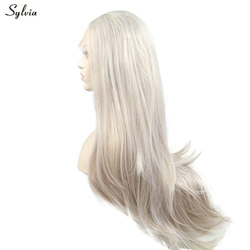 xiweiya Silver Gray Wigs Long Natural Straight Hair 13 * 3 Lace Ash Platinum Blonde Wigs For Women Grey Wig Heat Resistant Fiber Hair Middle Parting Wigs for Women 24inch - Image 2