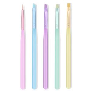 SILPECWEE 5pcs Acrylic Nail Brush Set Macaron Color Nail Art Brush Detail Liner, French Tip, Cleaning Fingernail, Gel Builder, Nail Design Brushes Painting Pen Manicure Brush Tool