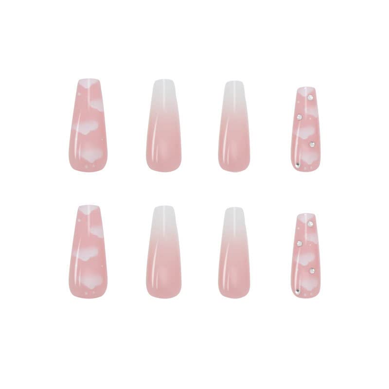 IMSOHOT Coffin Pink Press on Nails Long Gradient Clouds Fake Nails with Designs Glossy Ballerina False Nails Glue on Nails Acrylic Nails for Women and Girls - Image 3