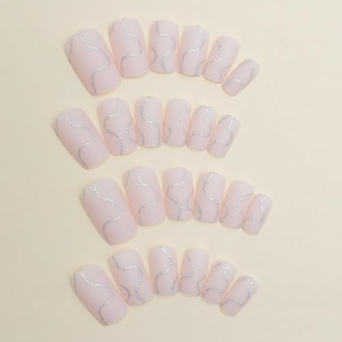 Silver Glitter Wavy Lines Medium Square Reusable Acrylic Press-On Nails Set - Image 3
