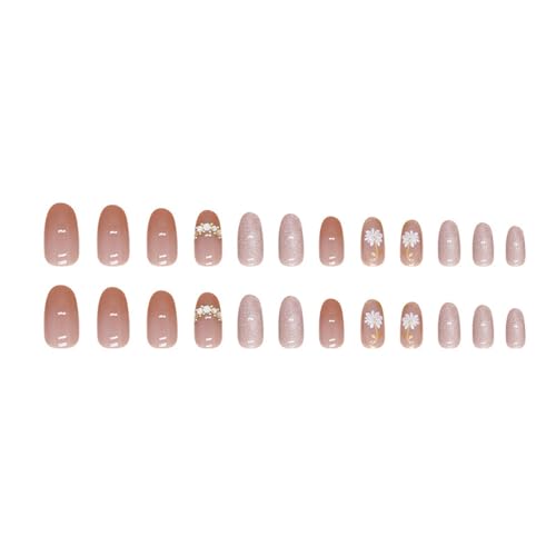 SHANRUN 24 Pcs Short Almond Oval Spring Rhinestone Cat Eye Flowers Glossy Gel-X Fake Nails Kit - Image 5