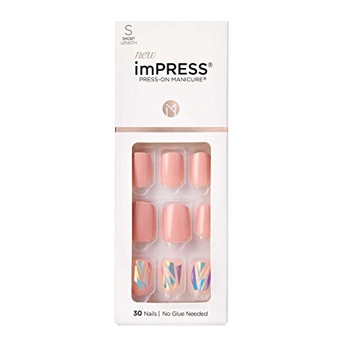 KISS imPRESS No Glue Mani Press On Nails, Design, 'Miracle', Pink, Short Size, Squoval Shape, Includes 30 Nails, Prep Pad, Instructions Sheet, 1 Manicure Stick, 1 Mini File