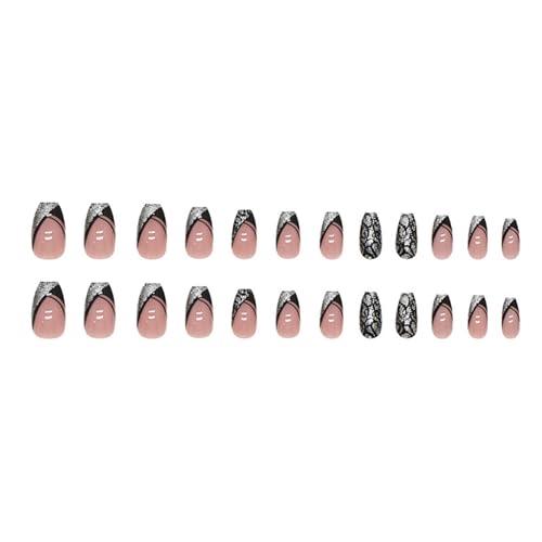 Black French Tip Press on Nails Medium Coffin Fake Nails Silver Glitter False Nails with Design Leopard Glue on Nails Short Acrylic Nails Stick on Nails for Women Manicure 24Pcs - Image 5