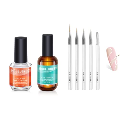 Modelones 5Pcs Nai Art Liner Brushes with 2Pcs Nail Primer and Nail Prep Dehydrator Set