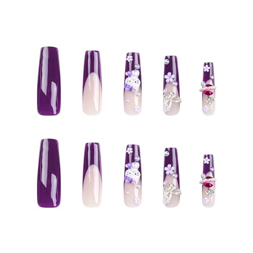 Holiday Press on Nails Long Coffin French Tip Purple Fake Nails with 3D Cat and Flower Designs for Women - Image 7