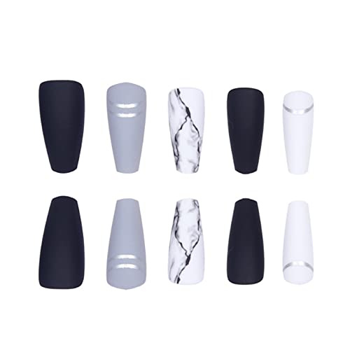 Kamize White Press on Medium Fake Nails Coffin Full Cover Acrylic Marble False Nails for Women and Girls 24PCS - Image 3