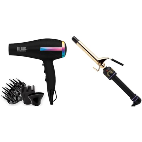 Hot Tools Professional Rainbow Turbo Ceramic Hair Dryer | 1875W Powerful and Quiet Blowouts & Pro Artist 24K Gold Curling Iron | Long Lasting, Defined Curls (3/4 in)