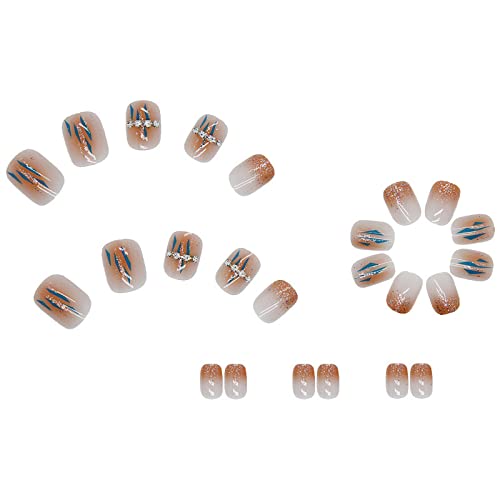 BABALAL Rhinestone Press on Nails Square Fake Nails Squoval Nails Short False Nails Glossy Acrylic Nails for Women and Girls - Image 2