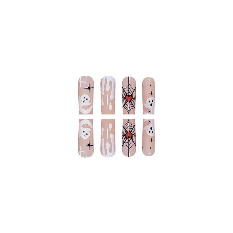24 PCS Halloween Press on Nails Medium Coffin Square Fake Nails Star False Nails with Spider Web Pumpkin Design Glue on Nails Full Cover Artificial Nails Tips for Women Girls Nail Art Decoration - Image 5