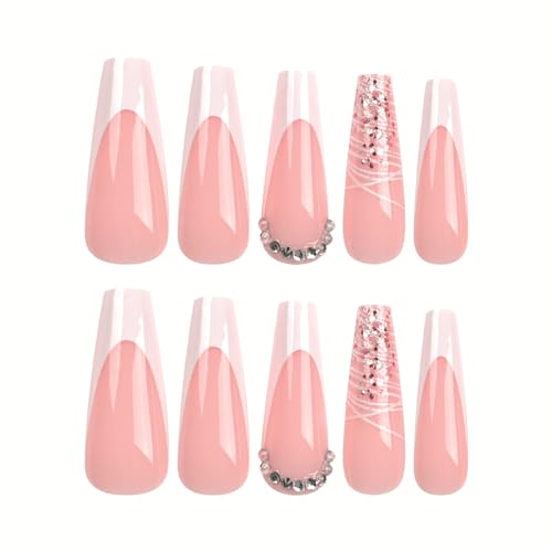Press on Nails Long Coffin French White Acrylic Fake Nails with Rhinestones Design Glue on Glossy Full Cover Artificial Gel False Stick on Nail for Girls Women Wedding Manicure Gifts 24Pcs - Image 3