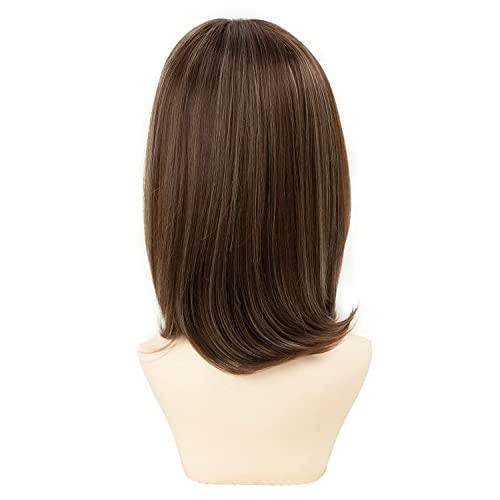 TISHINING 14 Inch Short Ombre Brown and Blonde Bob Wig with Bangs for Women - Image 6