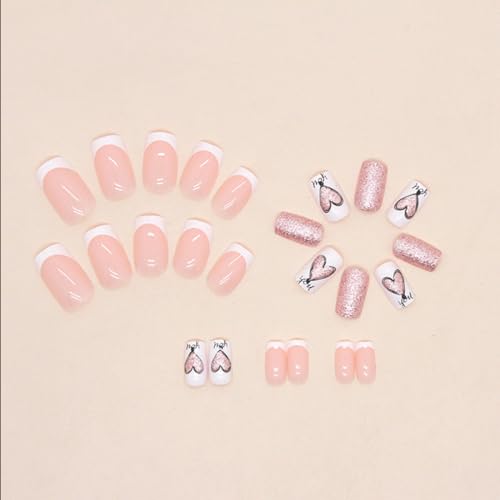 Valentines Day Press on Nails Medium Square Glitter Fake Nails Coffin Acrylic Nails with Shining Heart Designs Valentines Nails Full Cover Glue on Nails Artificial False Nails for Women Manicure 24Pcs - Image 3