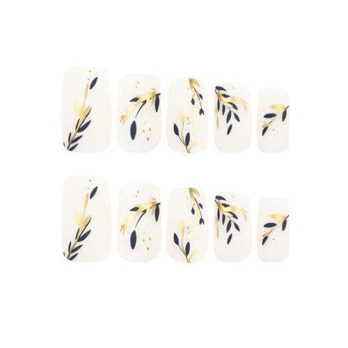 24Pcs White Press on Nails Square Medium Short Acrylic Fake Nails Gold Blue Splicing Leaves Design False Nails Full Cover Leaf Glue on Nails Reusable Coffin Artificial Stick on Nails for Women Girls - Image 4