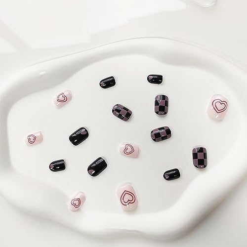 Press on Nails Short Square Stick on Nails Black Fake Nails Pink Glue on Nails Cute False Nails with Heart Lattice Designs Black Full Cover Acrylic Nails Glossy Artificial Nails for Girls - Image 7