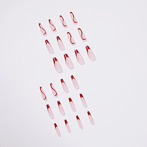 BABALAL Coffin Press on Nails Swirl Design Nails Long False Nails Glossy Fake Nails Red Acrylic Nails for Women and Girls - Image 2