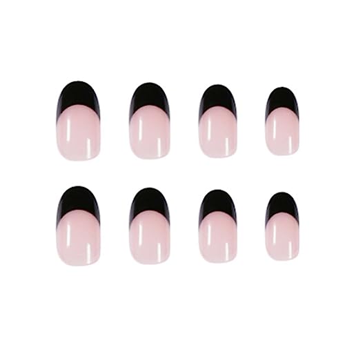 Black French False Nails Short Almond Press on Nails Cute Nude Nails Tips Acrylic Full Cover Fake Nails for Women and Girls 24Pcs - Image 3
