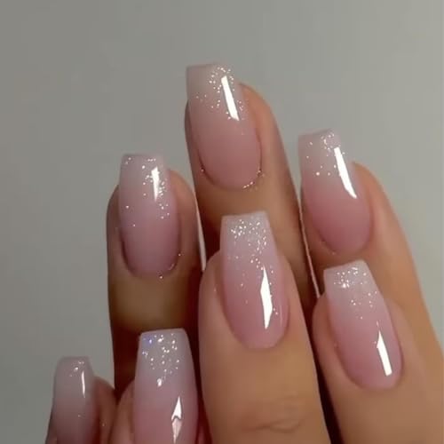 Bling Gradient Pink Press on Nails 24 PCS Medium Short Glitter Ombre Acrylic Coffin Style - Image 2