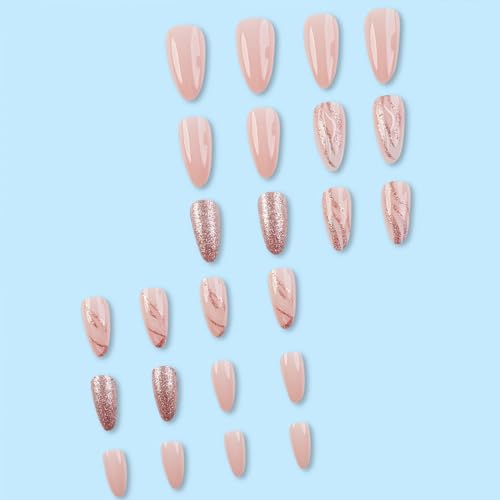 Press on Nails Short Bling Glitter Fake Nails Almond Acrylic Nails Nude Full Cover Nails Press ons Swirls False Nails White Lines Glue on Nails Glossy Stick on Nails for Women 24Pcs - Image 5