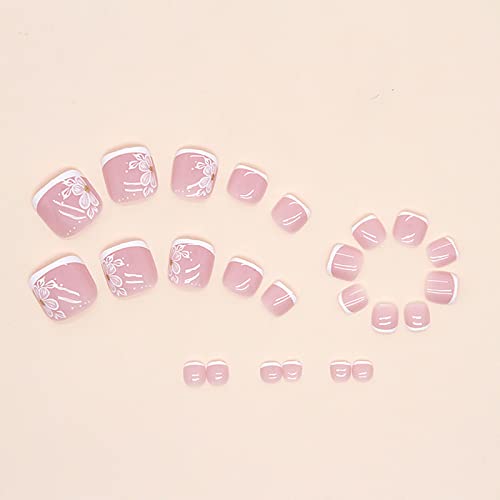 White French Tip Press on Toenails,Short Square Fake Toe Nails Spring Summer Flower False Toe Nails Full Cover Glue on Toenails Glossy Acrylic Toenails Stick on Toenails for Women and Girls 24Pcs - Image 5