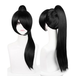 LABEAUTÉ 28 inch Long Straight Black Cosplay Wig with Ponytail and Bangs, Heat Resistant Synthetic Fiber, Includes Wig Cap