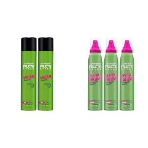 Garnier Fructis Style Volume Anti-Humidity Hairspray, 8.25 Oz, 2 Count, (Packaging May Vary) & Fructis Style Sky-Hi Volume Mousse, Extreme Hold, 6.4 Oz, 3 Count (Packaging May Vary)