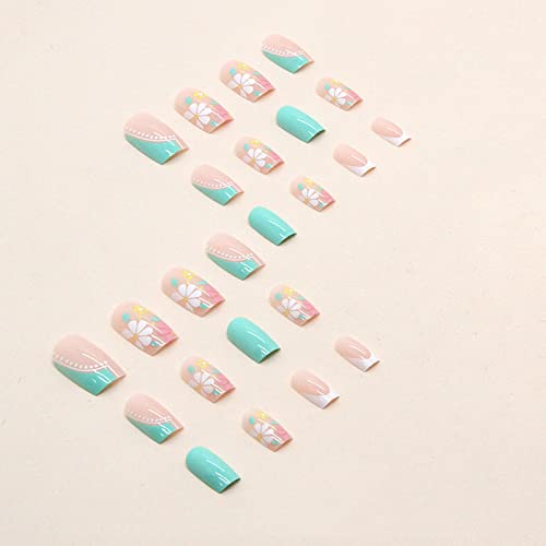 Medium Square French Tip Press-On Nails with Colorful Daisy Design, 24 Count - Image 3