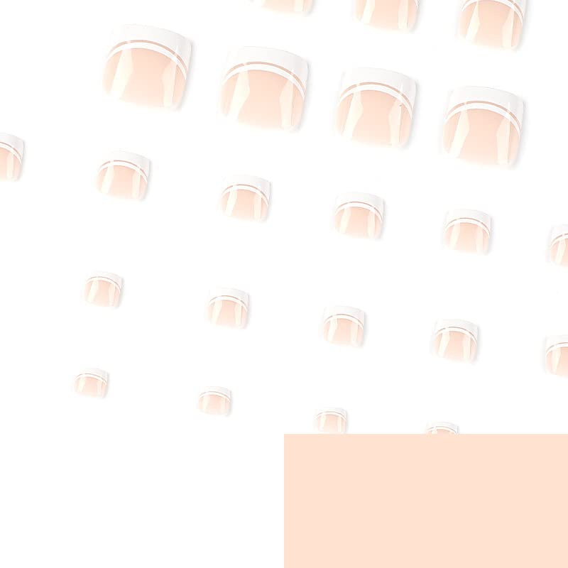White Press on Toenails Short Square French Tips Fake Toe Nails Glossy Nude Pink Full Cover Acrylic False Toenails with Design Artificial Glue on Toenails for Women and Girls 24Pcs - Image 3