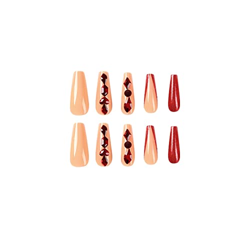 BABALAL Red Press on Nails Long Fake Nails Coffin Glue on Nails Ballerina Acrylic Nails 24Pcs Rhinestones Nails for Women and Girls - Image 2