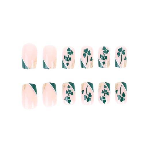 24 Piece Short Square French Tip Green Shamrock Glitter Fake Nails for Women Girls DIY - Image 5