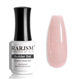 RARJSM Nude Glitter Rubber Base Gel Nail Polish Icy Jelly Pink Rainbow Shimmer Rubber Base Gel for Nails Iridescent Brush on Quick Extend Builder Hard Gel Soak Off Curing Requires 15ml French Manicure