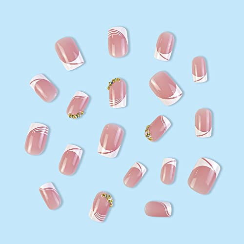 French Tip Press on Nails Short Square Fake Nails White Tips Pink Glue on Nails with Rhinestones Designs Short French Acrylic Nails Square Shape Stick on Nails for Women Manicure Decorations, 24pcs - Image 3
