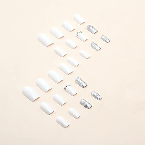 24Pcs White Square Press on Nails Medium Fake Nails with Silver Glitter Designs Glossy Full Cover Acrylic False Nails with Rhinestones Reusable Glue on Nails Cute Artificial Nails for Women Girls - Image 3