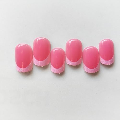 French Tip Press on Nails Square Fake Nails Pink Press on Acrylic Nails Glossy Square Glue on Nails Short False Nails with Designs Solid Color Stick on Nails Extra Short Static Nails for Women Girls - Image 8