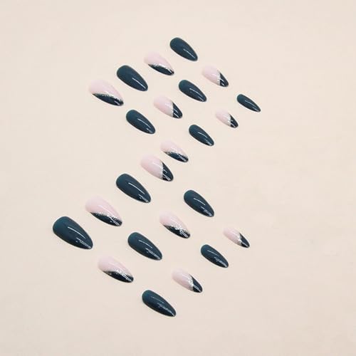 24pcs Medium Almond Shape Dark Green Press on Nails with Gold Glitter Line for Women - Image 2